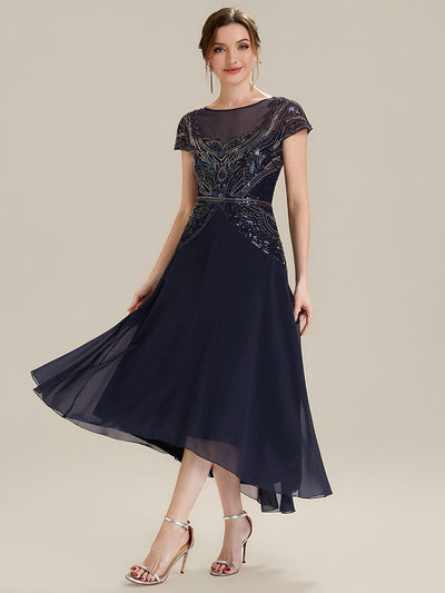Sequin Sheath Round Neck Dress #color_Navy Blue