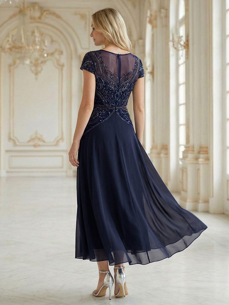 Sequin Sheath Round Neck Dress #color_Navy Blue