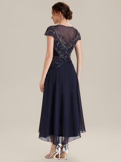 Sequin Sheath Round Neck Dress #color_Navy Blue