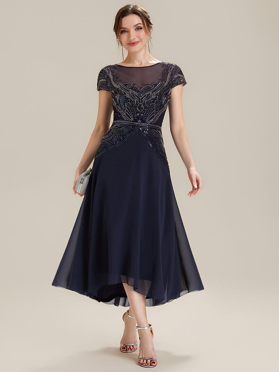 Sequin Sheath Round Neck Dress #color_Navy Blue