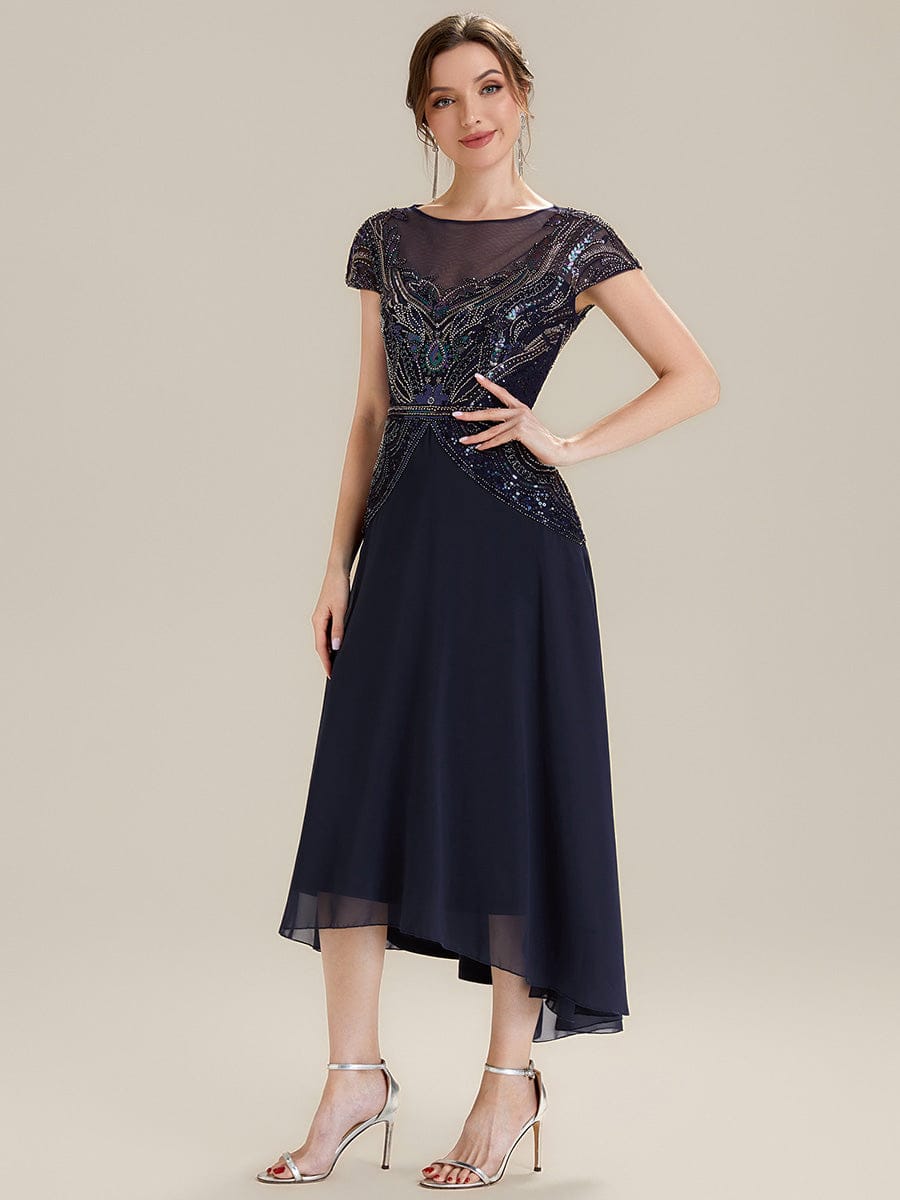 Sequin Sheath Round Neck Dress #color_Navy Blue