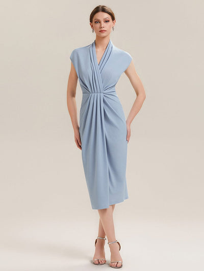 Deep V-Neck Knit Drop Shoulder Sleeve Dress #color_Ice Blue