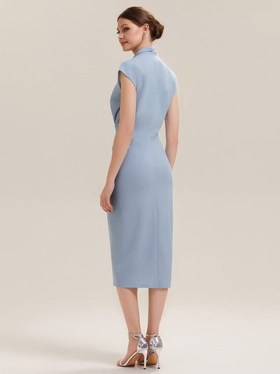 Deep V-Neck Knit Drop Shoulder Sleeve Dress #color_Ice Blue