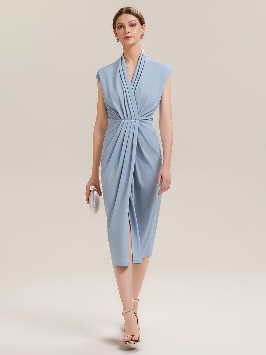 Deep V-Neck Knit Drop Shoulder Sleeve Dress #color_Ice Blue