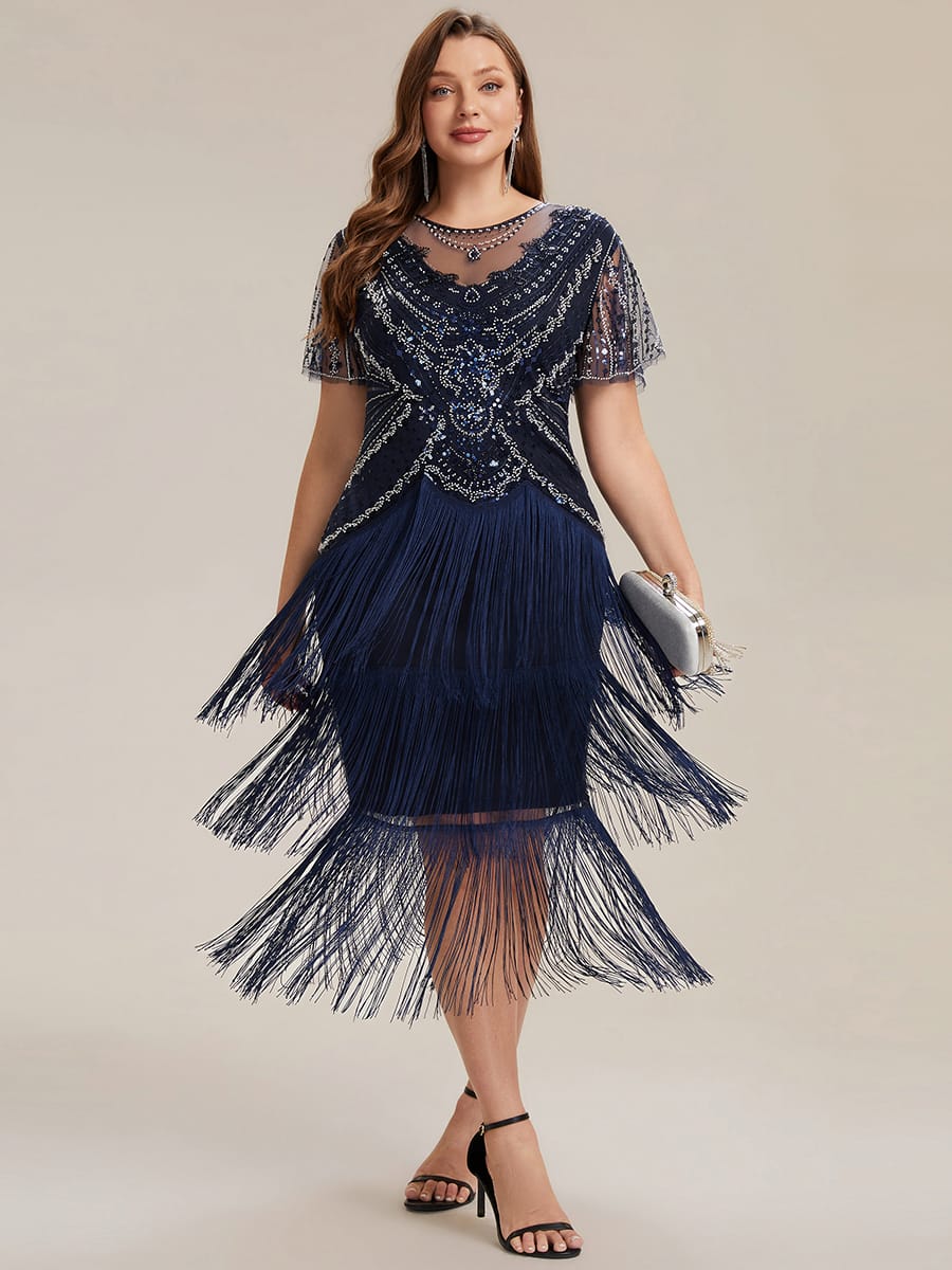 Sequin Ruffle Sleeve Tiered Dress #color_Navy Blue