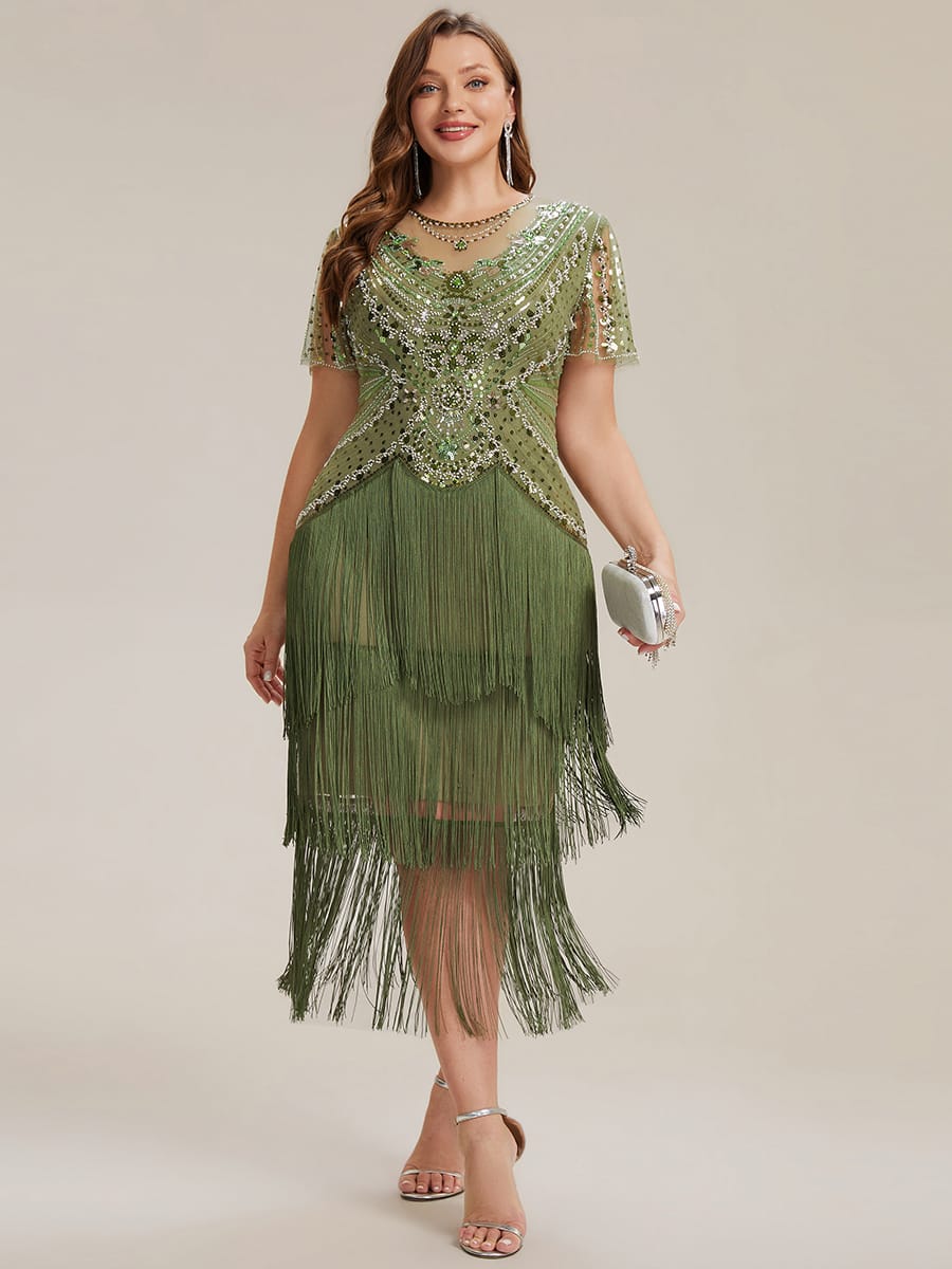 Sequin Ruffle Sleeve Tiered Dress #color_Olive Green