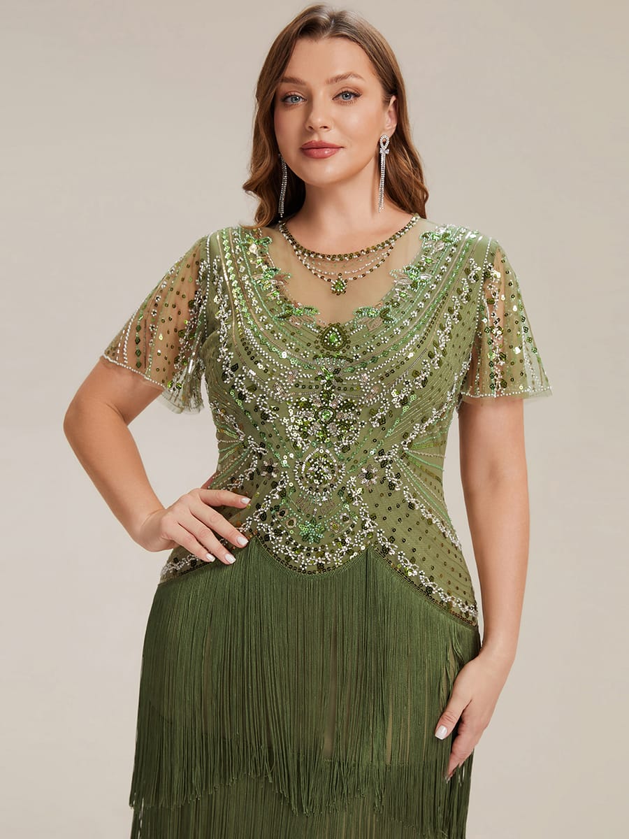 Sequin Ruffle Sleeve Tiered Dress #color_Olive Green