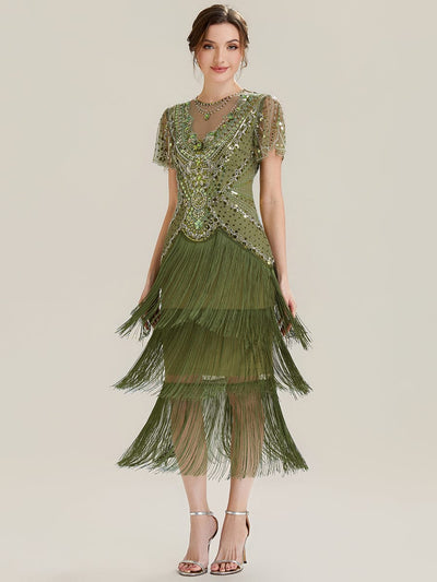 Sequin Ruffle Sleeve Tiered Dress #color_Olive Green