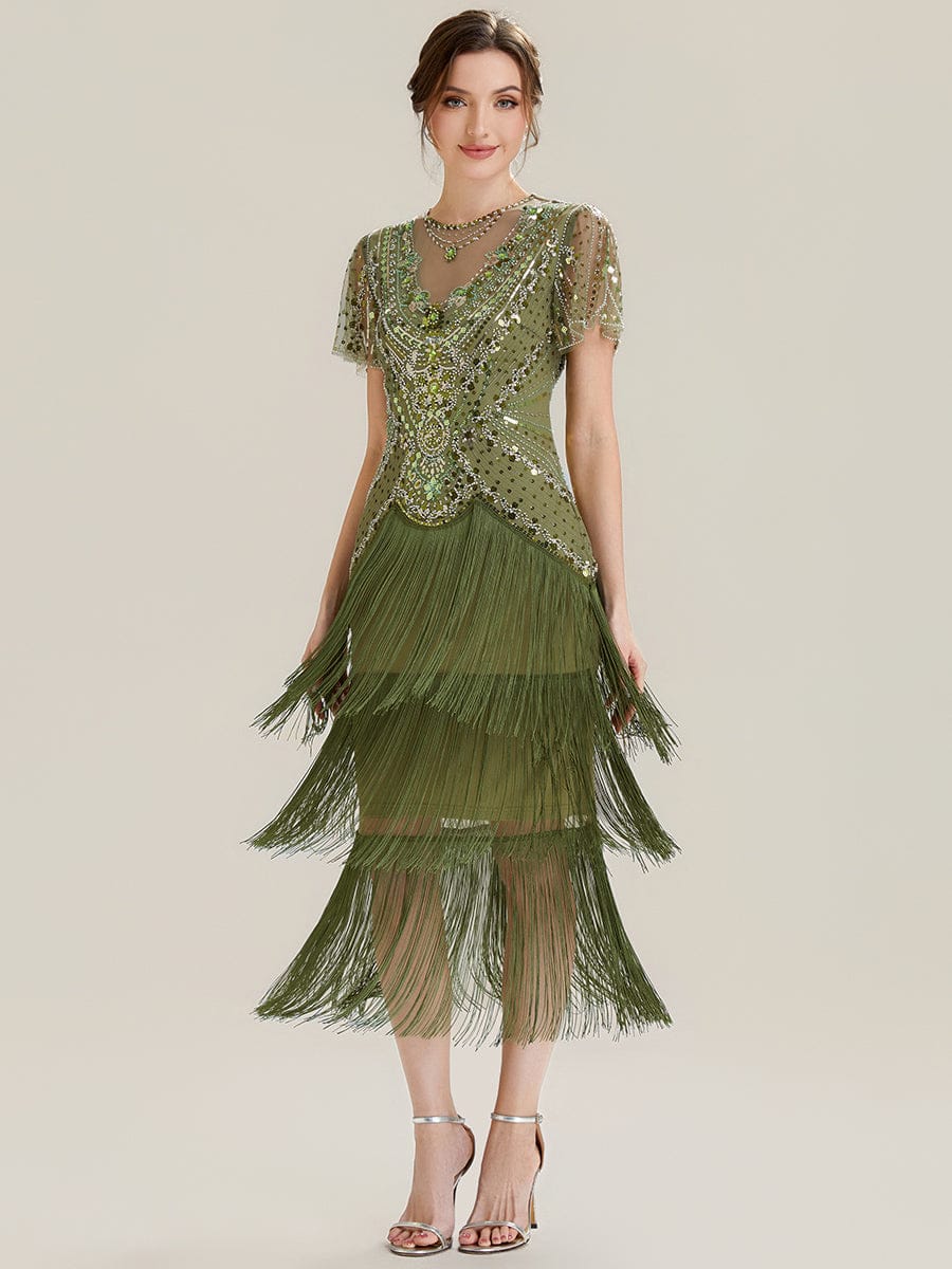 Sequin Ruffle Sleeve Tiered Dress #color_Olive Green