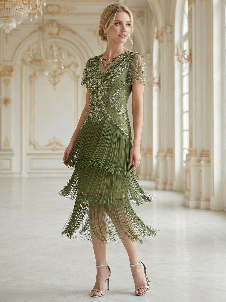 Sequin Ruffle Sleeve Tiered Dress #color_Olive Green