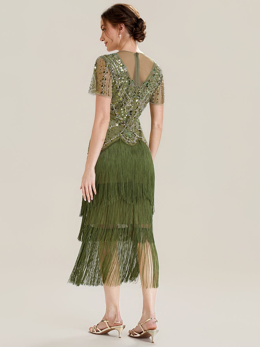 Sequin Ruffle Sleeve Tiered Dress #color_Olive Green