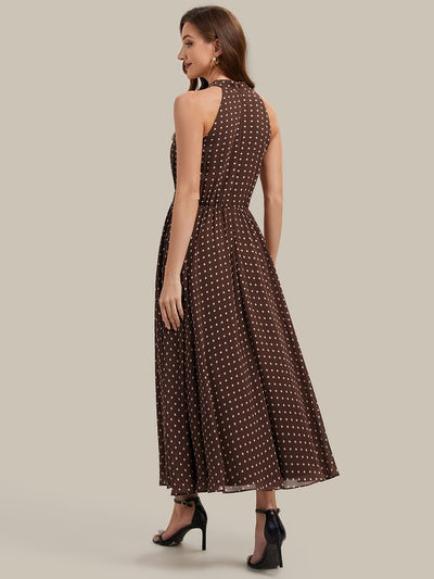 Pleated Chiffon Sleeveless Dress #color_Brown Polka Dots