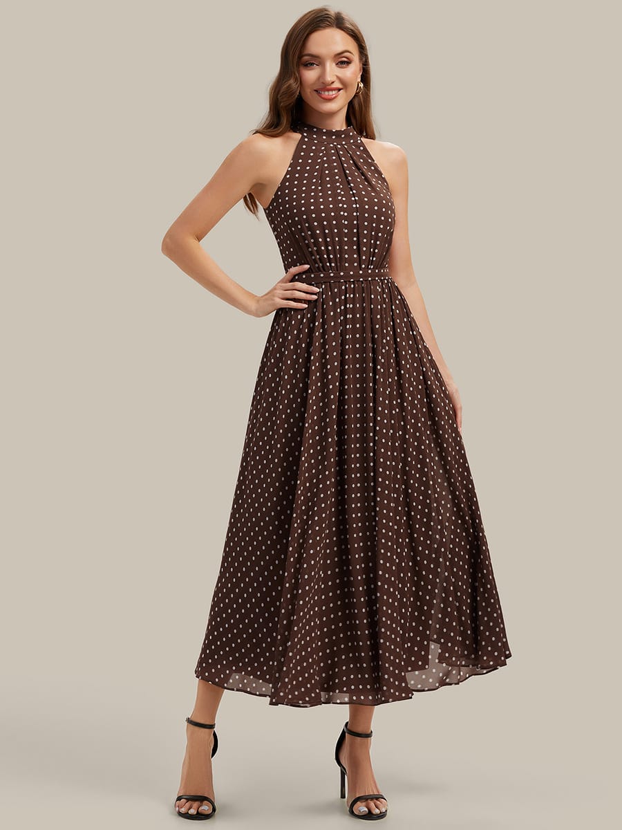 Pleated Chiffon Sleeveless Dress #color_Brown Polka Dots