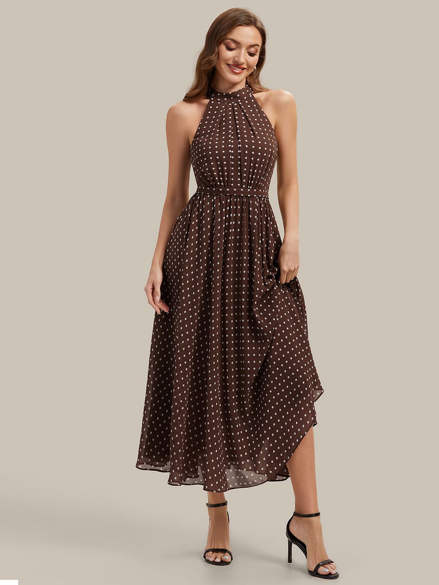 Pleated Chiffon Sleeveless Dress #color_Brown Polka Dots