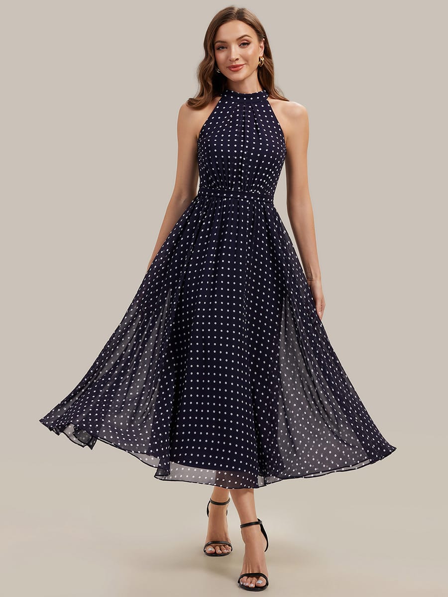 Pleated Chiffon Sleeveless Dress #color_Navy Blue Polka Dots