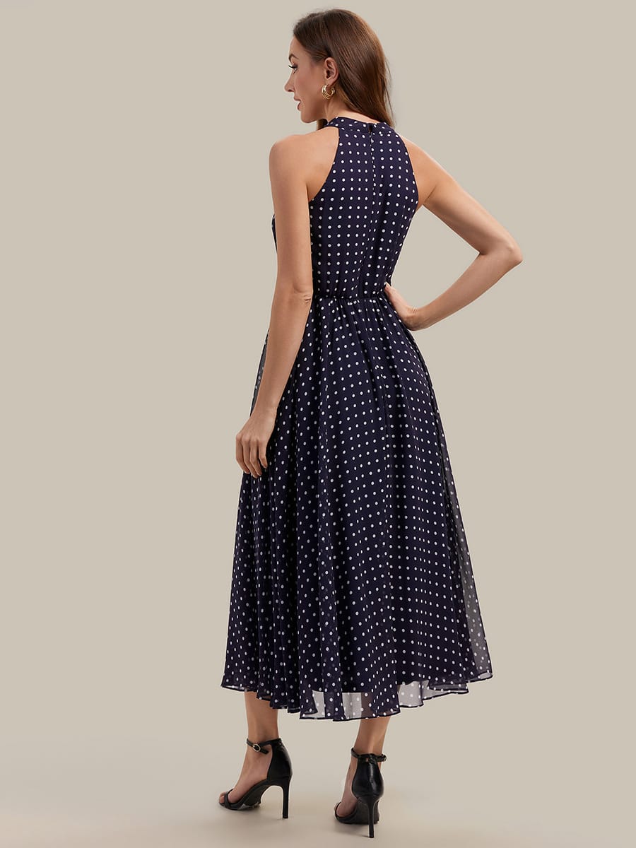 Pleated Chiffon Sleeveless Dress #color_Navy Blue Polka Dots