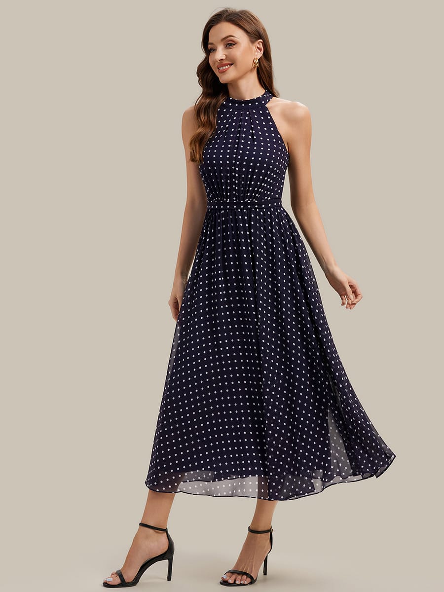 Pleated Chiffon Sleeveless Dress #color_Navy Blue Polka Dots