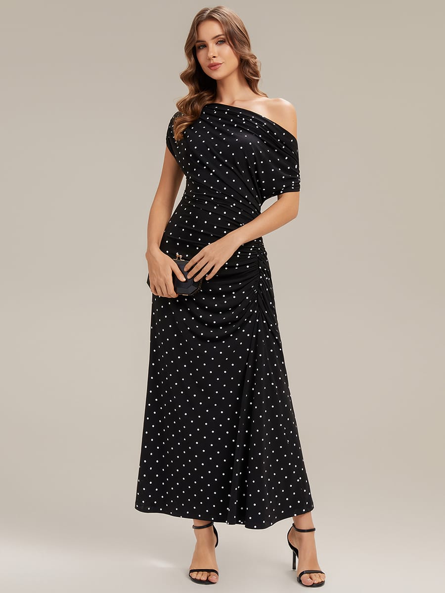 Floral Knit Drop Shoulder Sleeve Dress #color_Black Polka Dot
