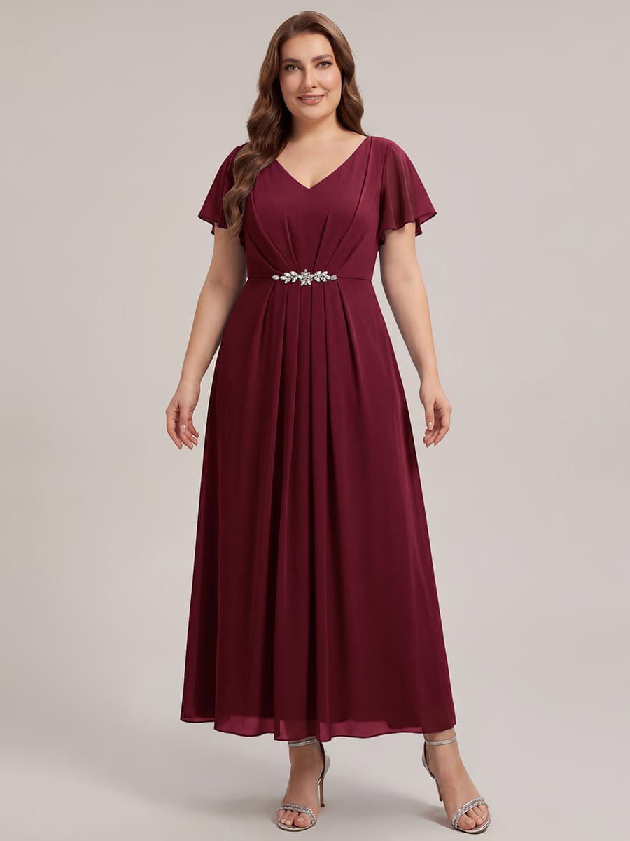 Rhinestone Embellished Chiffon Ruffle Sleeve Dress #color_Burgundy