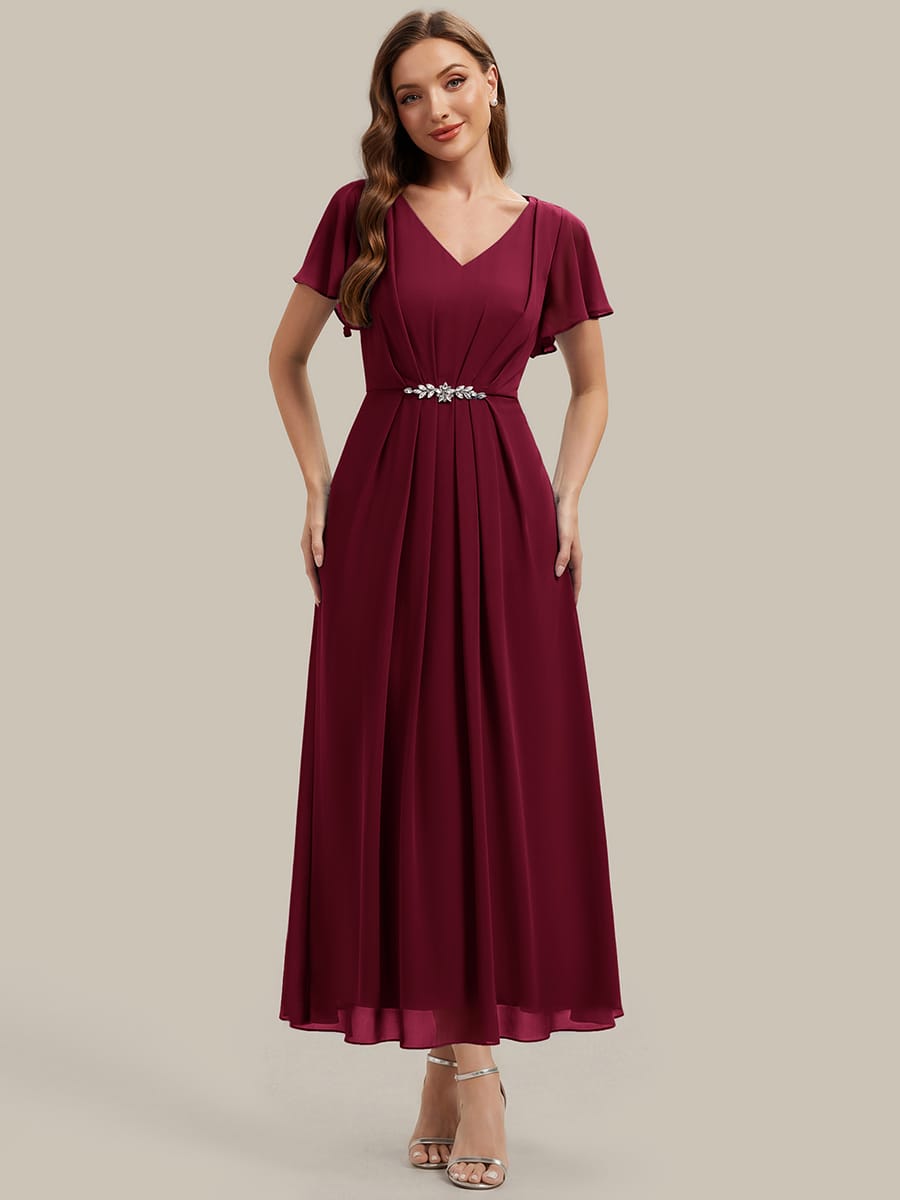 Rhinestone Embellished Chiffon Ruffle Sleeve Dress #color_Burgundy