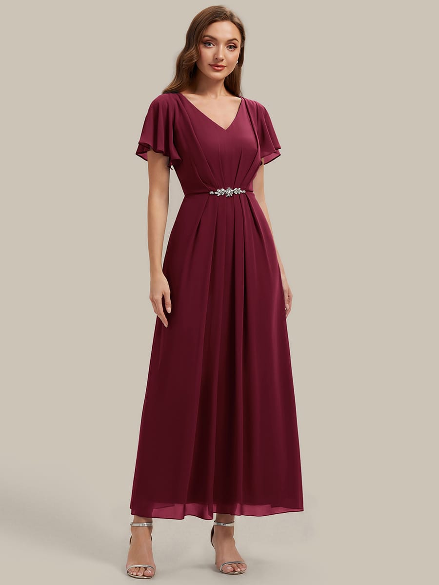 Rhinestone Embellished Chiffon Ruffle Sleeve Dress #color_Burgundy