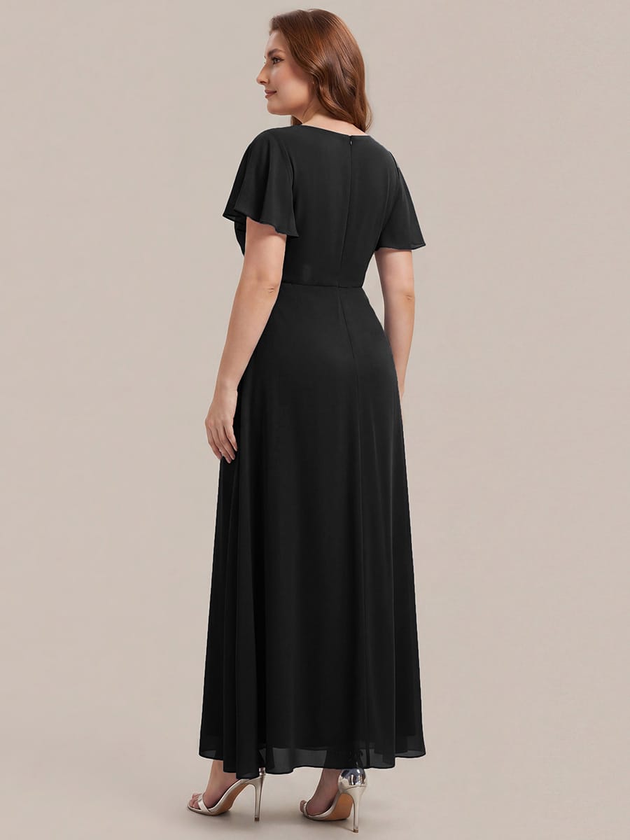 Rhinestone Embellished Chiffon Ruffle Sleeve Dress #color_Black