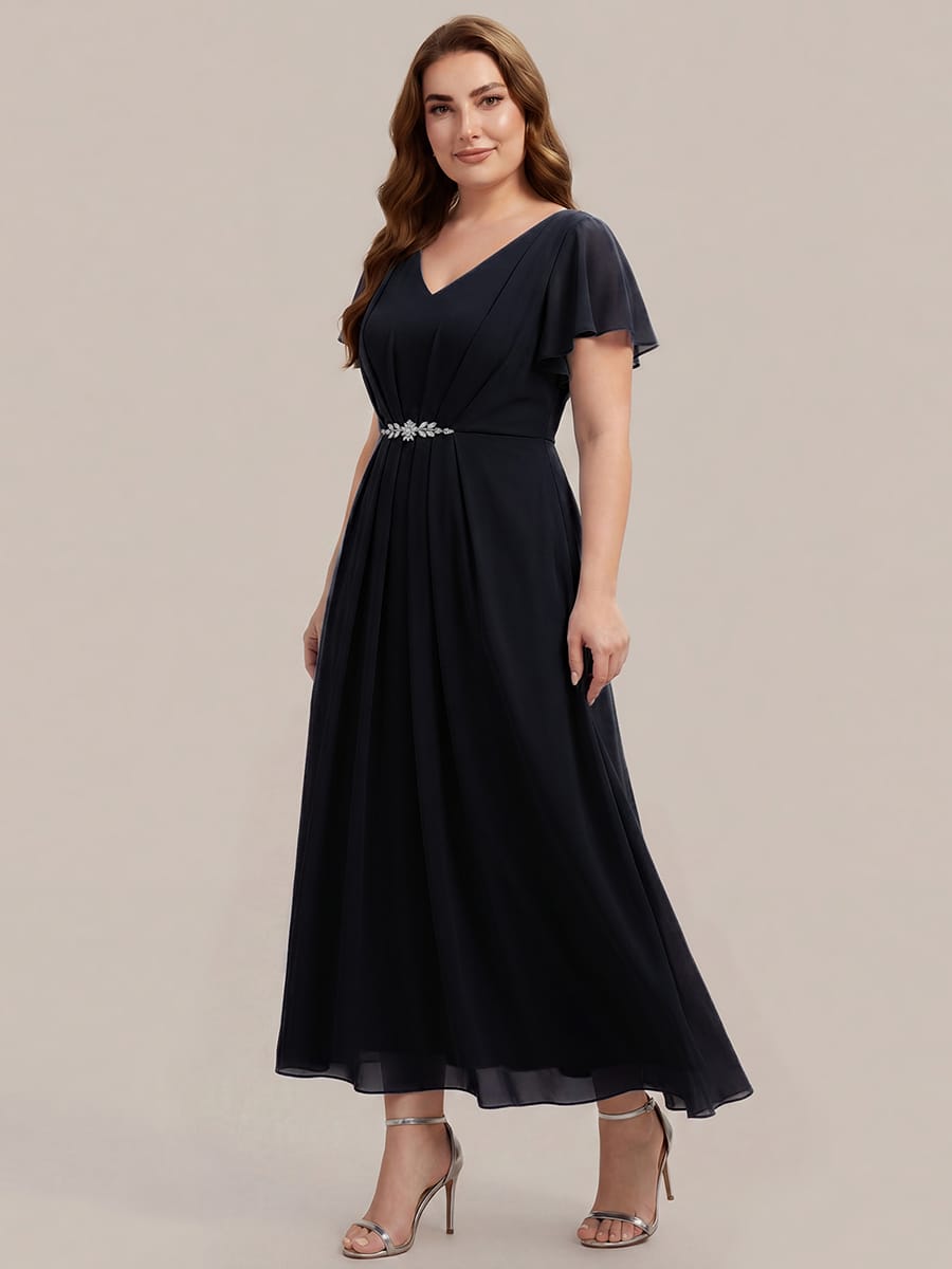 Rhinestone Embellished Chiffon Ruffle Sleeve Dress #color_Black