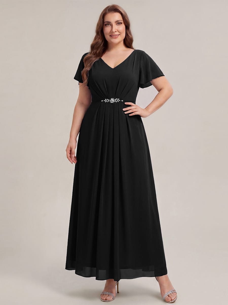 Rhinestone Embellished Chiffon Ruffle Sleeve Dress #color_Black