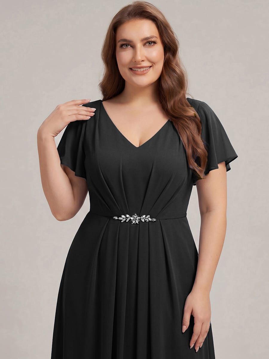 Rhinestone Embellished Chiffon Ruffle Sleeve Dress #color_Black
