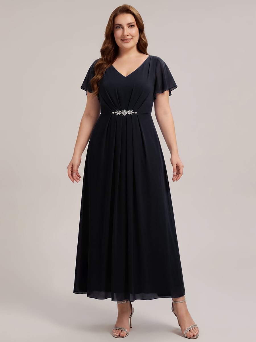 Rhinestone Embellished Chiffon Ruffle Sleeve Dress #color_Black