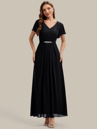 Rhinestone Embellished Chiffon Ruffle Sleeve Dress