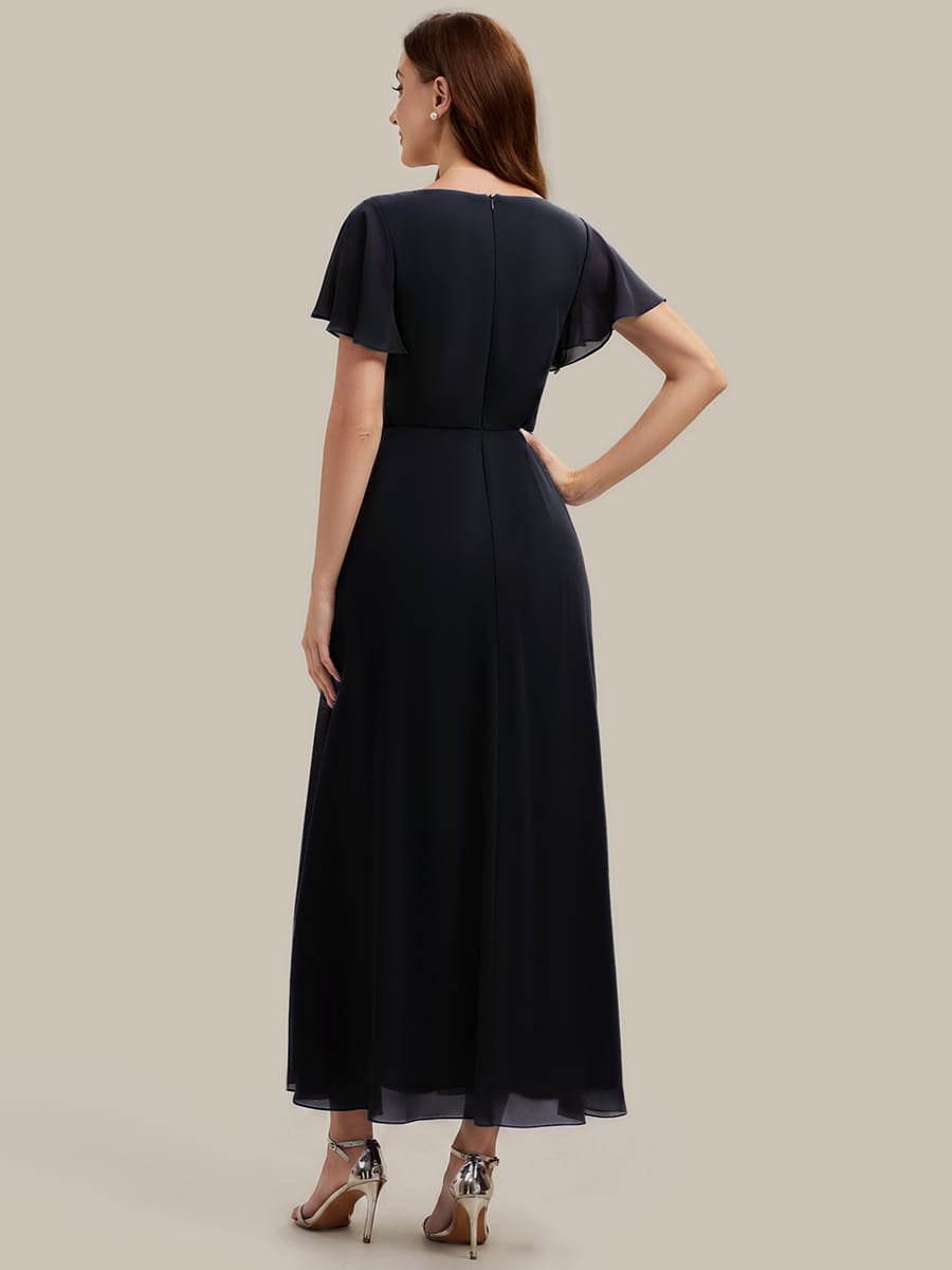 Rhinestone Embellished Chiffon Ruffle Sleeve Dress #color_Black
