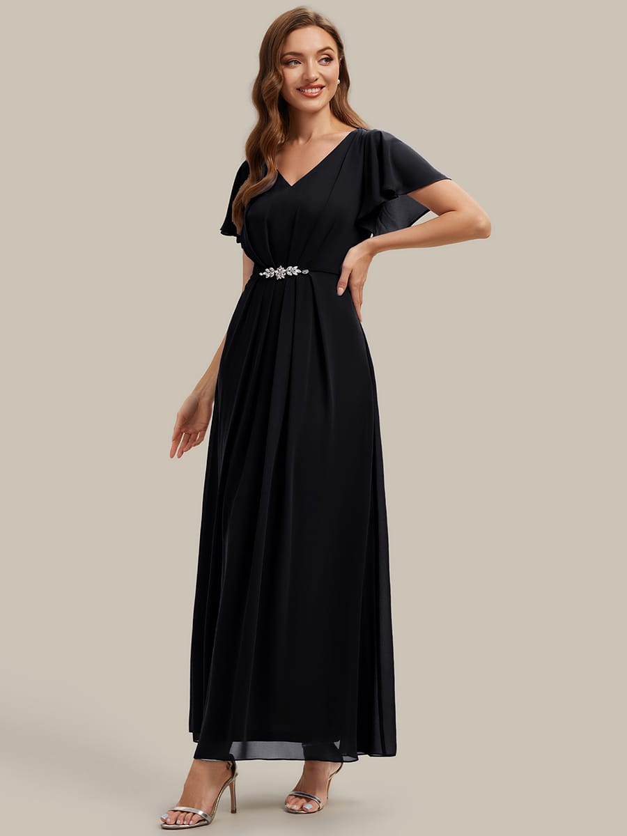 Rhinestone Embellished Chiffon Ruffle Sleeve Dress #color_Black