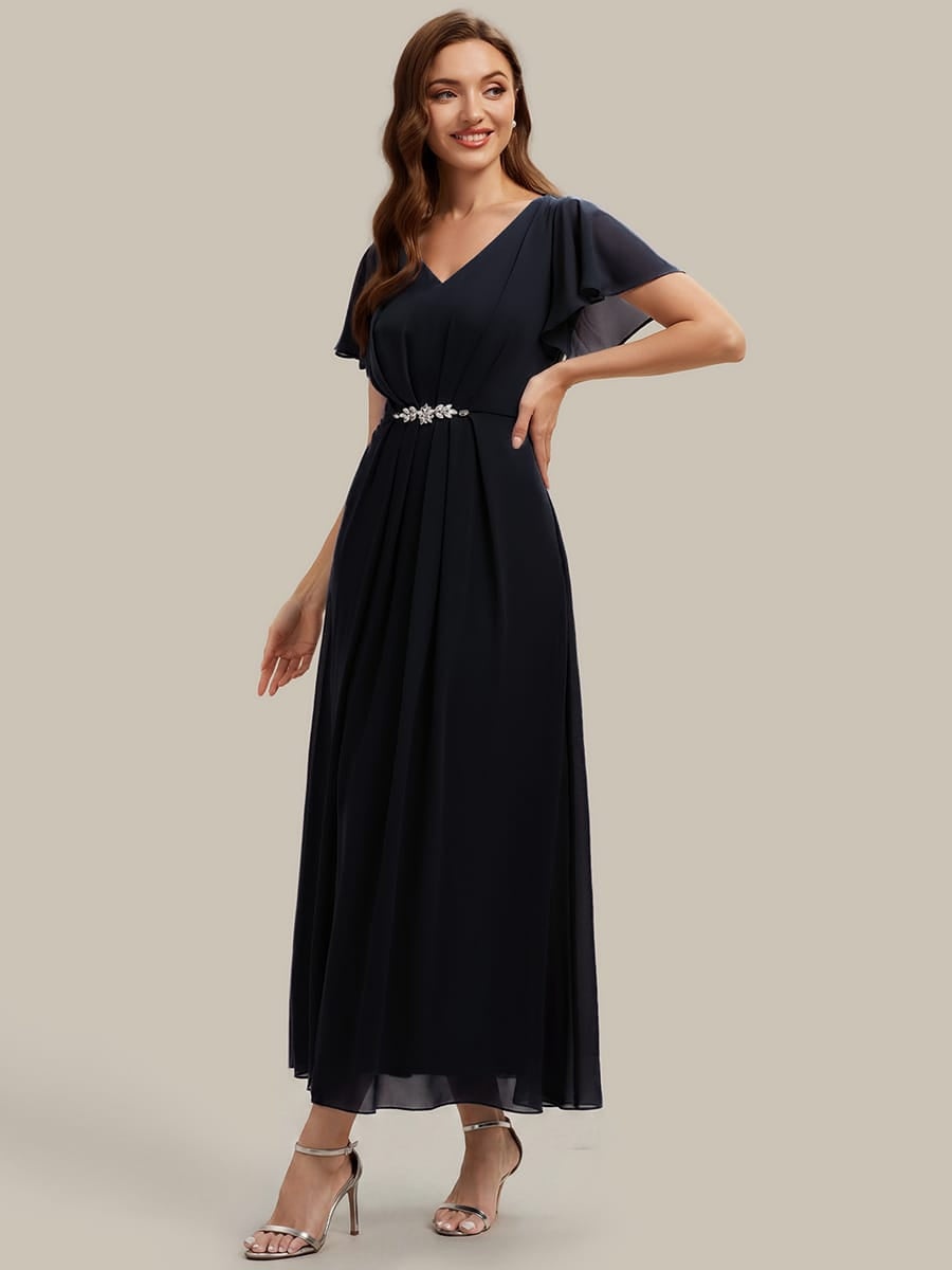 Rhinestone Embellished Chiffon Ruffle Sleeve Dress #color_Black