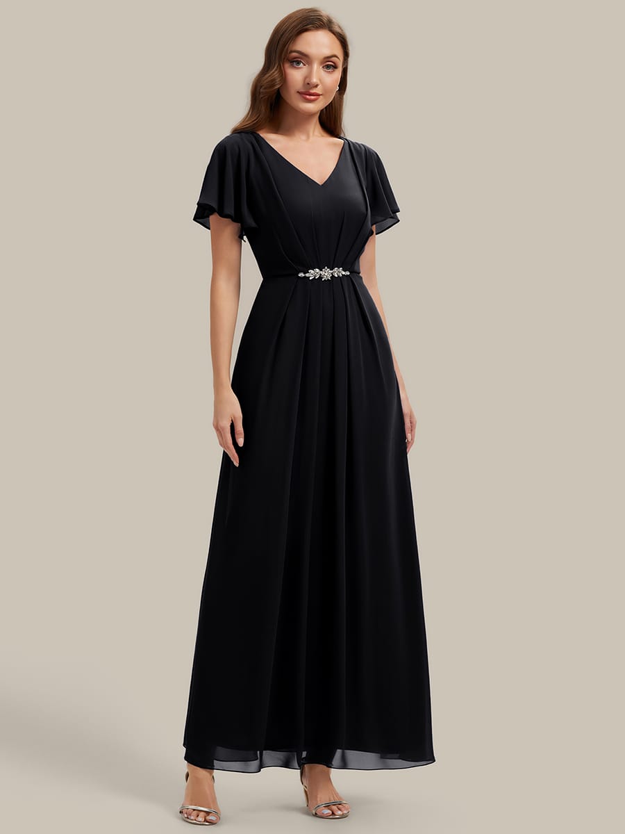 Rhinestone Embellished Chiffon Ruffle Sleeve Dress #color_Black