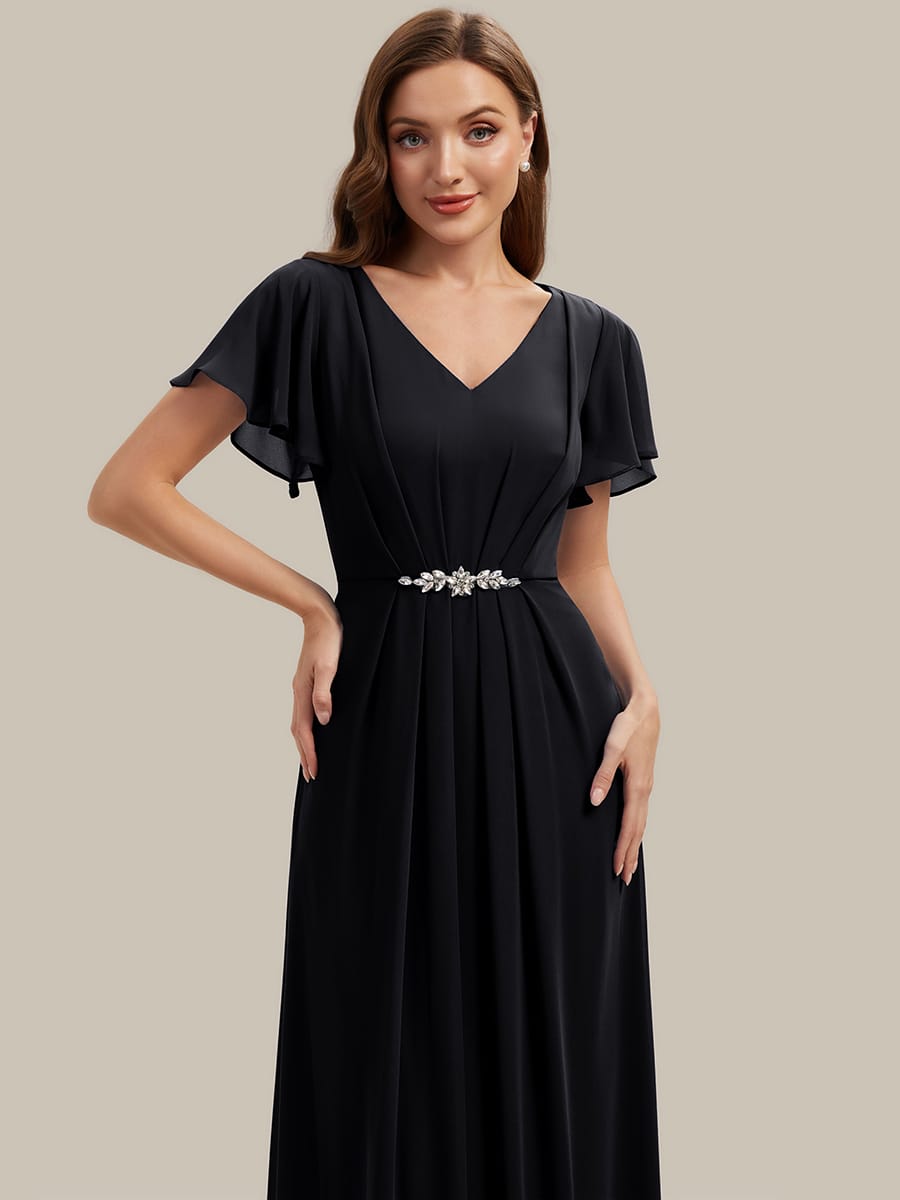 Rhinestone Embellished Chiffon Ruffle Sleeve Dress #color_Black