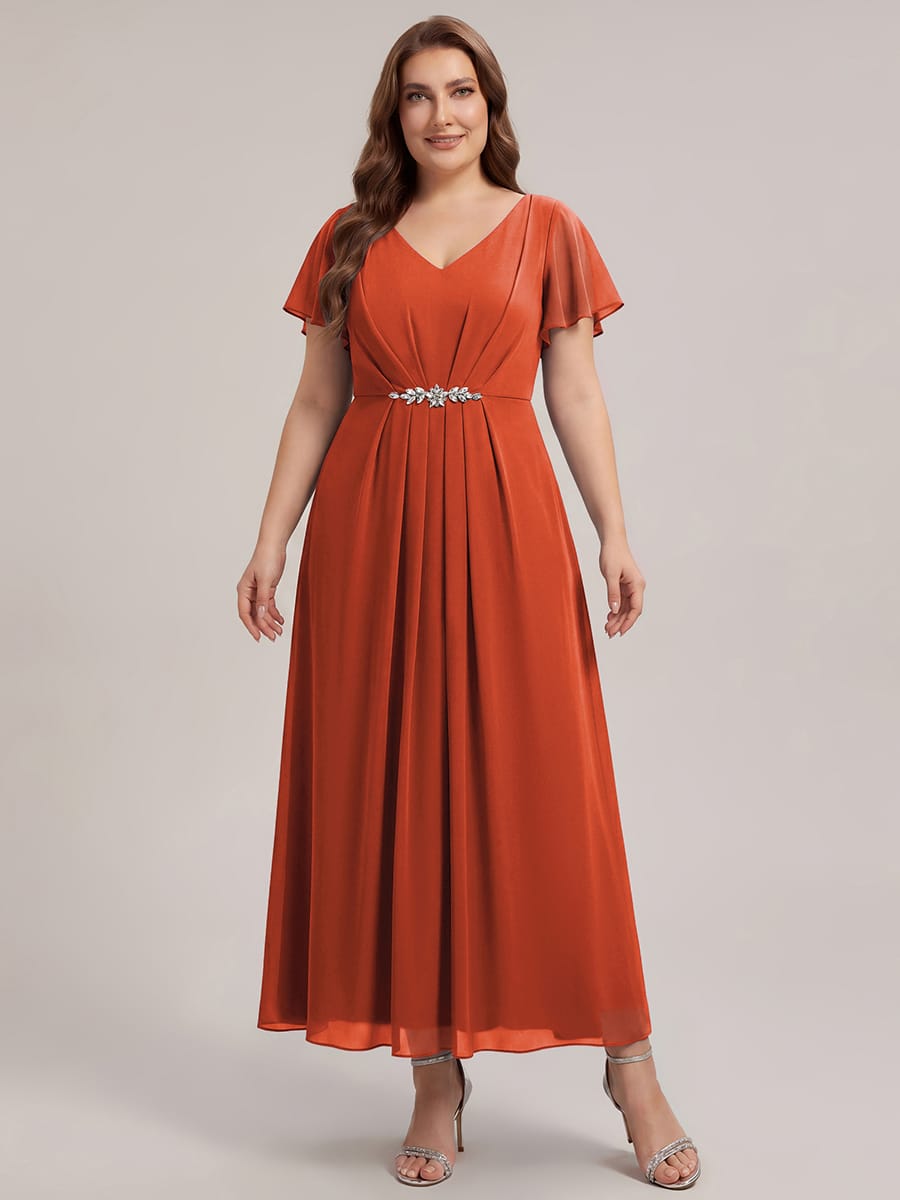 Rhinestone Embellished Chiffon Ruffle Sleeve Dress #color_Burnt Orange
