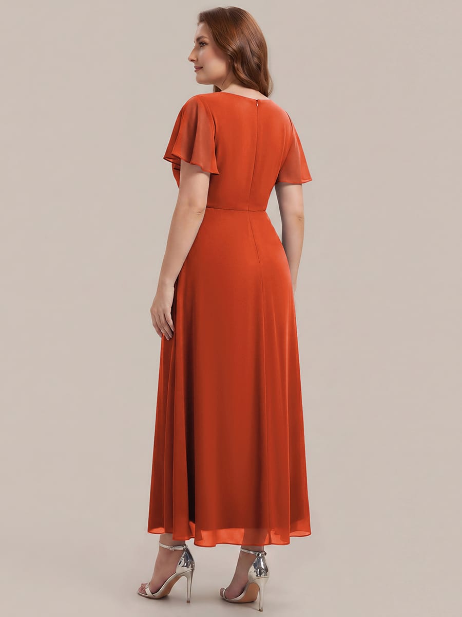 Rhinestone Embellished Chiffon Ruffle Sleeve Dress #color_Burnt Orange