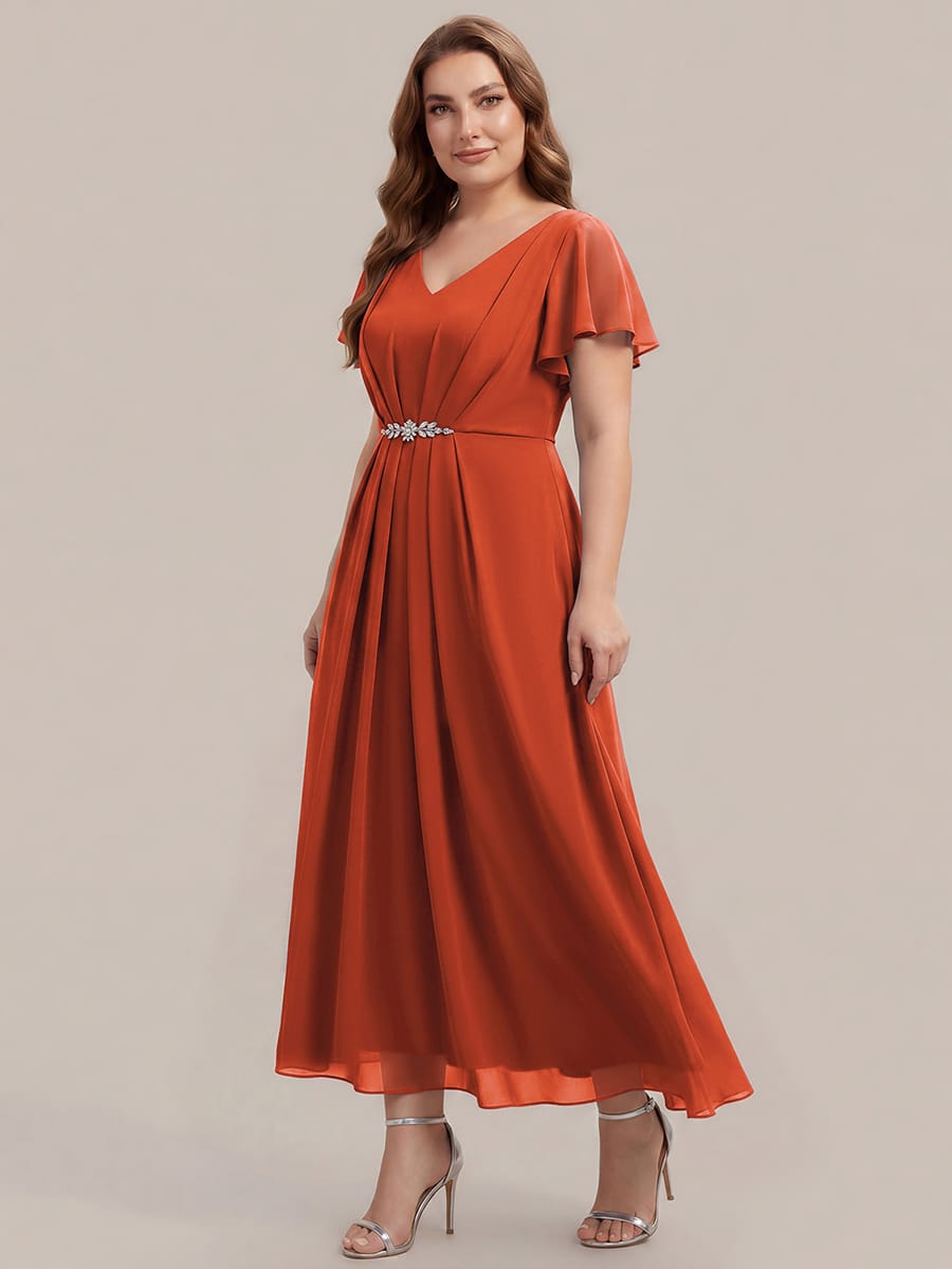 Rhinestone Embellished Chiffon Ruffle Sleeve Dress #color_Burnt Orange