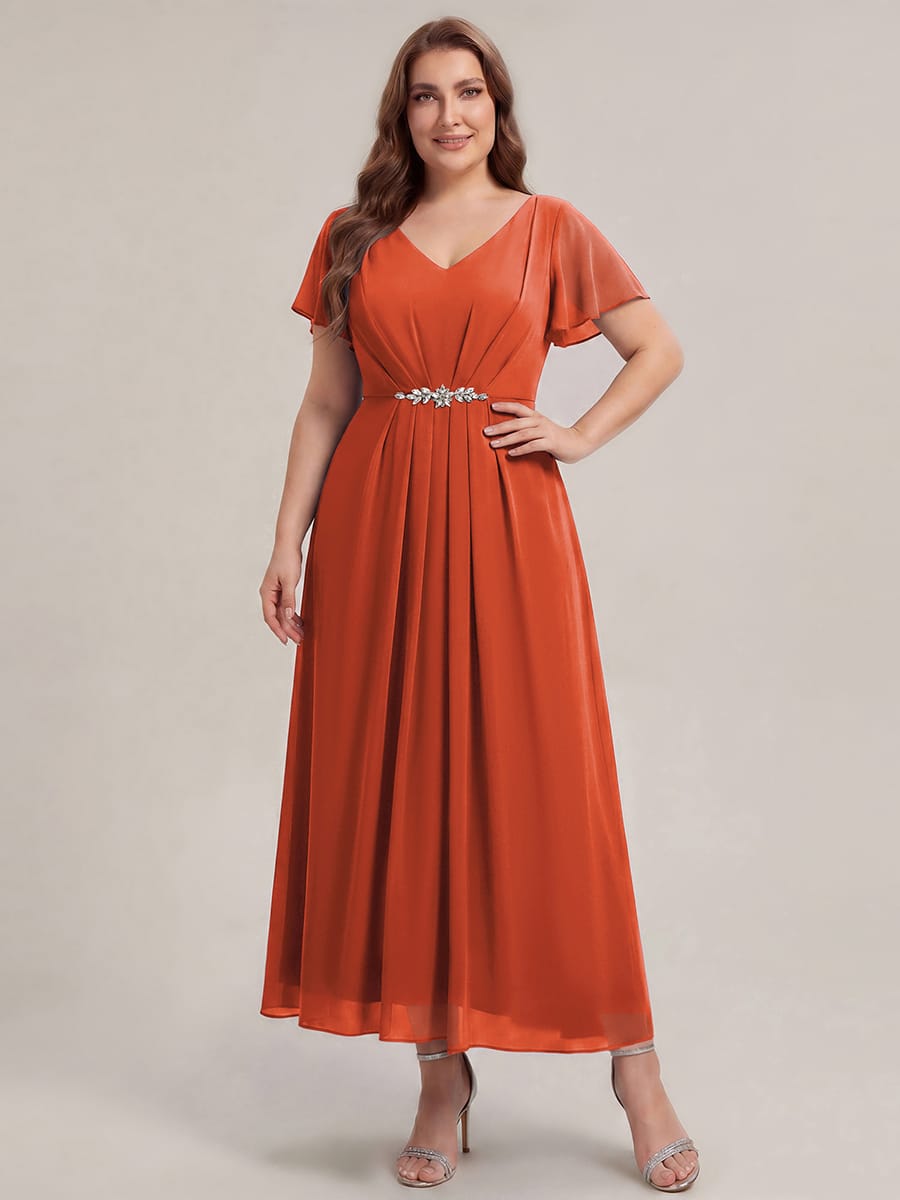 Rhinestone Embellished Chiffon Ruffle Sleeve Dress #color_Burnt Orange