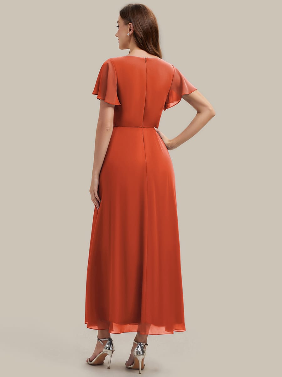 Rhinestone Embellished Chiffon Ruffle Sleeve Dress #color_Burnt Orange