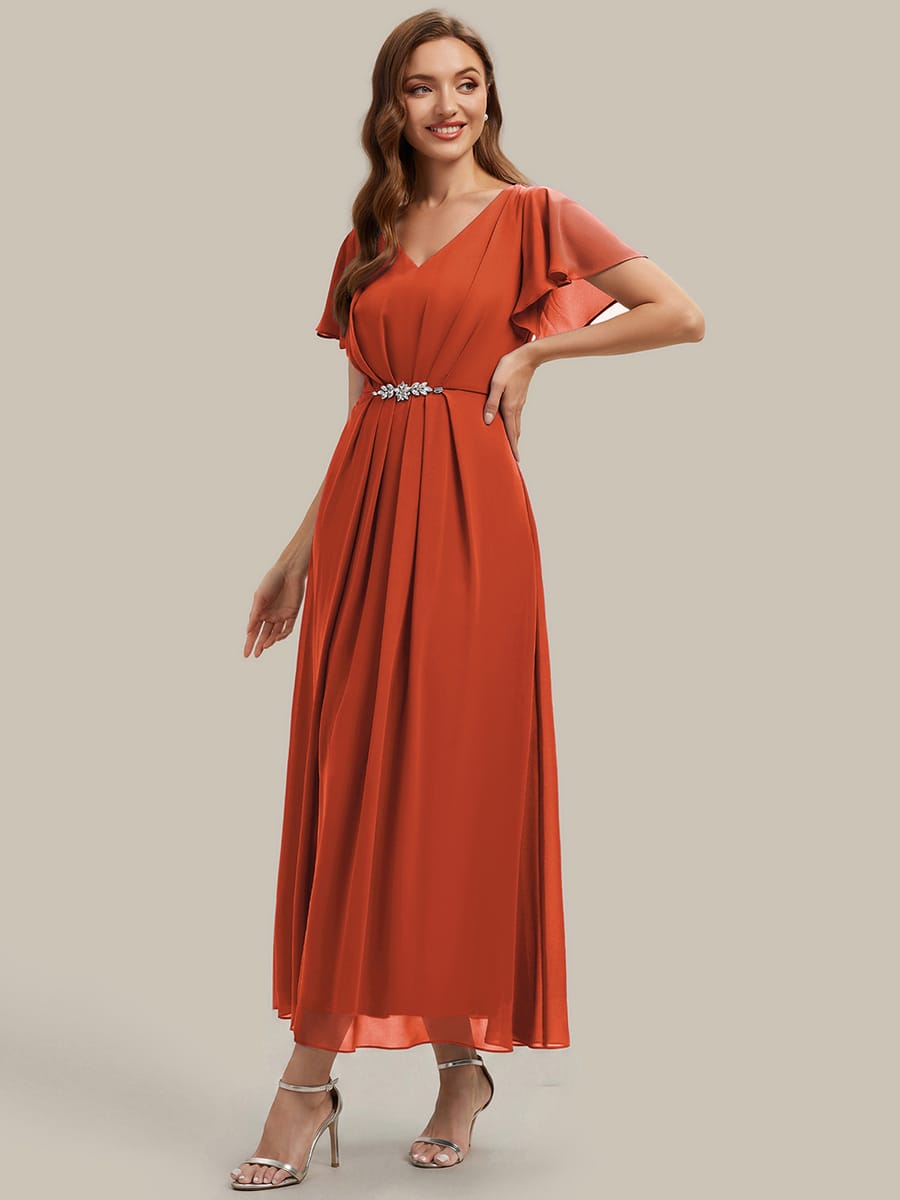 Rhinestone Embellished Chiffon Ruffle Sleeve Dress #color_Burnt Orange