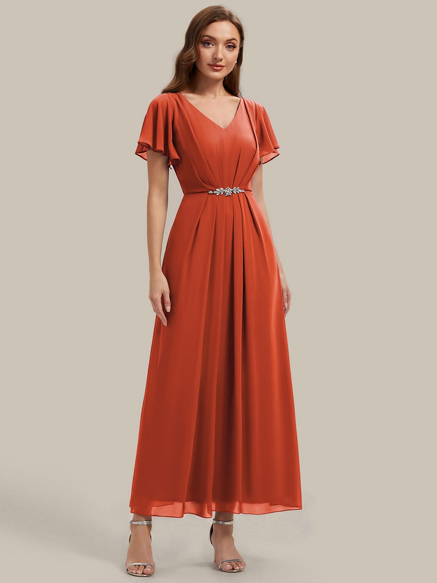 Rhinestone Embellished Chiffon Ruffle Sleeve Dress #color_Burnt Orange
