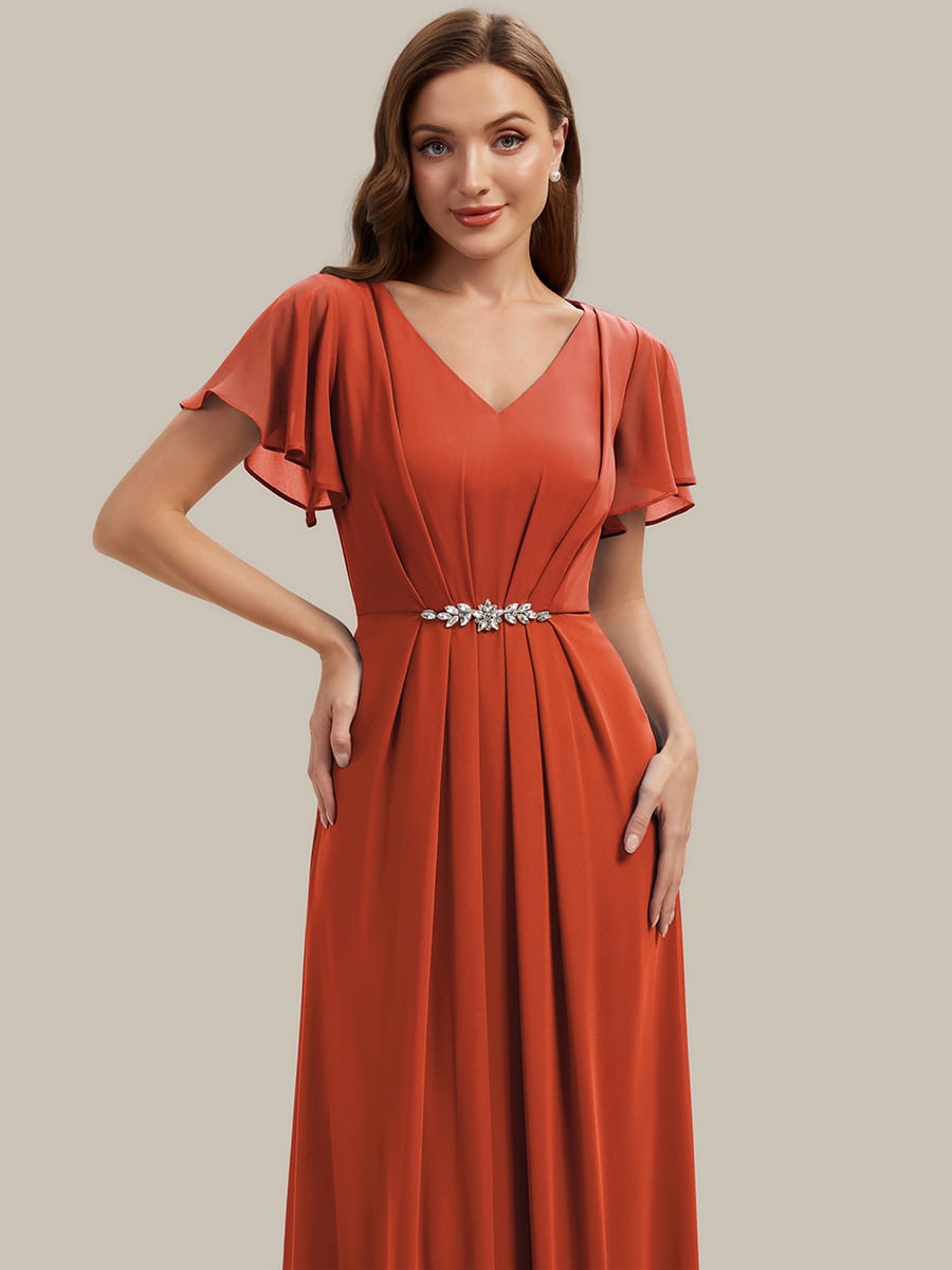 Rhinestone Embellished Chiffon Ruffle Sleeve Dress #color_Burnt Orange