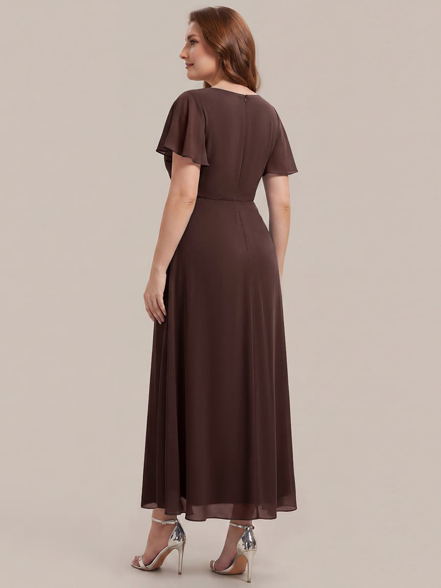 Rhinestone Embellished Chiffon Ruffle Sleeve Dress #color_Chocolate brown