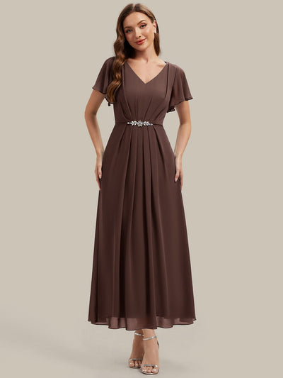Rhinestone Embellished Chiffon Ruffle Sleeve Dress