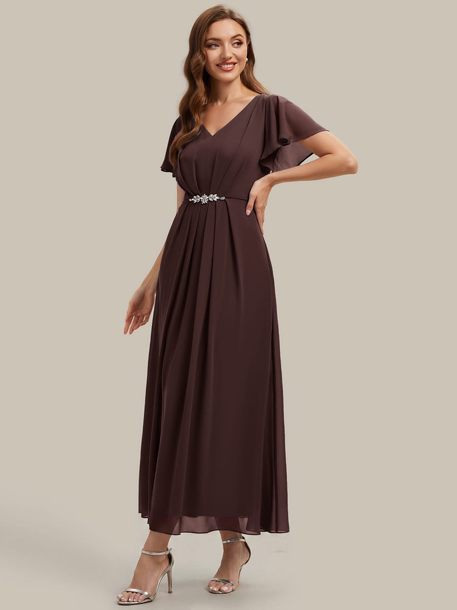 Rhinestone Embellished Chiffon Ruffle Sleeve Dress #color_Chocolate brown