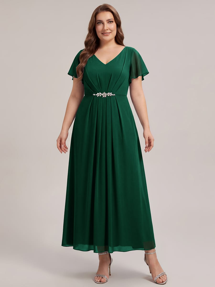 Rhinestone Embellished Chiffon Ruffle Sleeve Dress #color_Dark Green