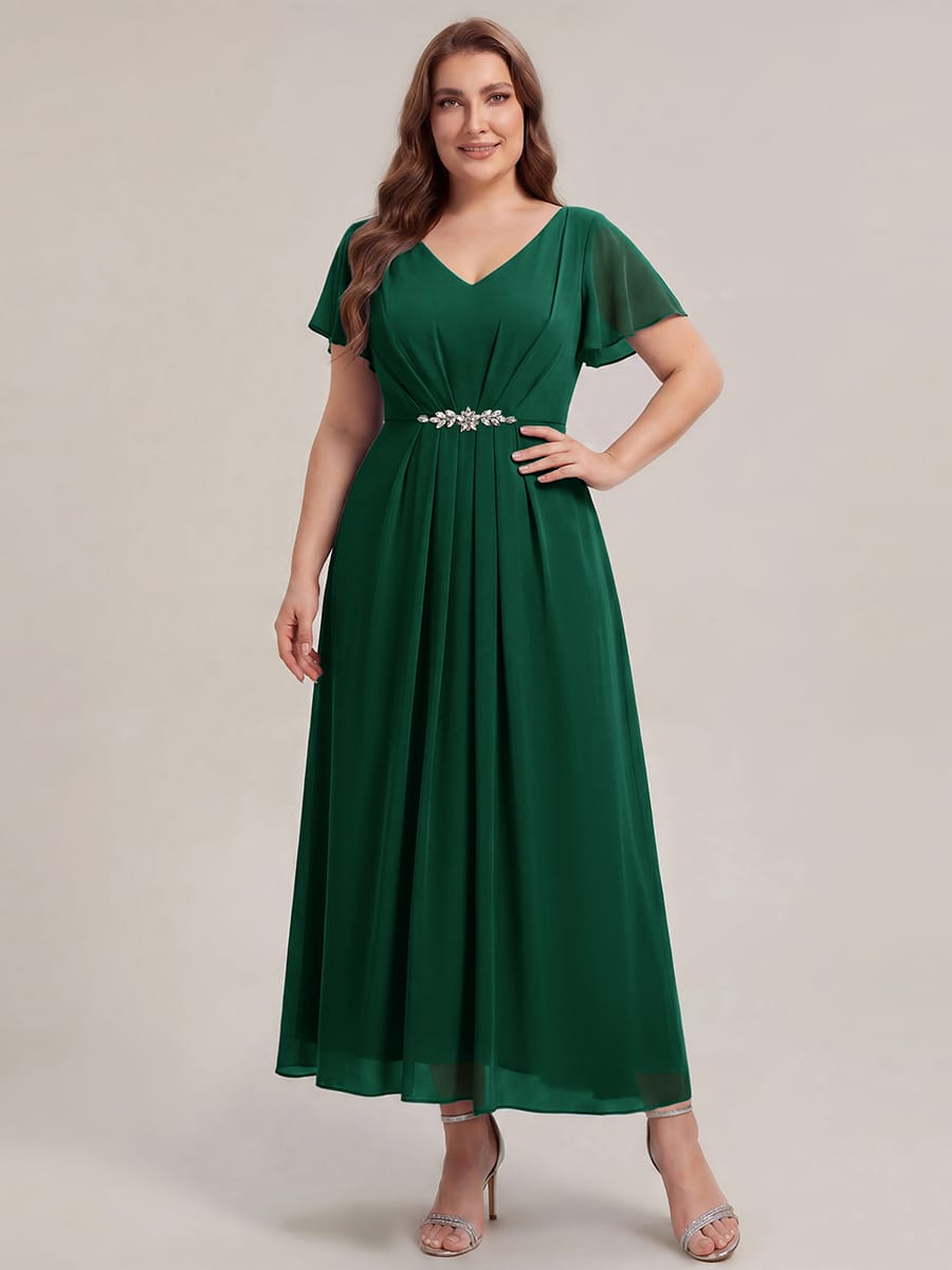 Rhinestone Embellished Chiffon Ruffle Sleeve Dress #color_Dark Green