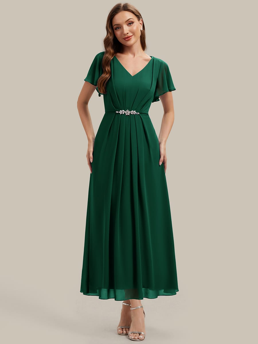 Rhinestone Embellished Chiffon Ruffle Sleeve Dress #color_Dark Green